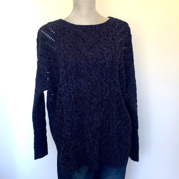 Express Blue & Black Open Weave Cable Knit Hi-lo Hem Pullover Sweater, sz Medium - Picture 2 of 13